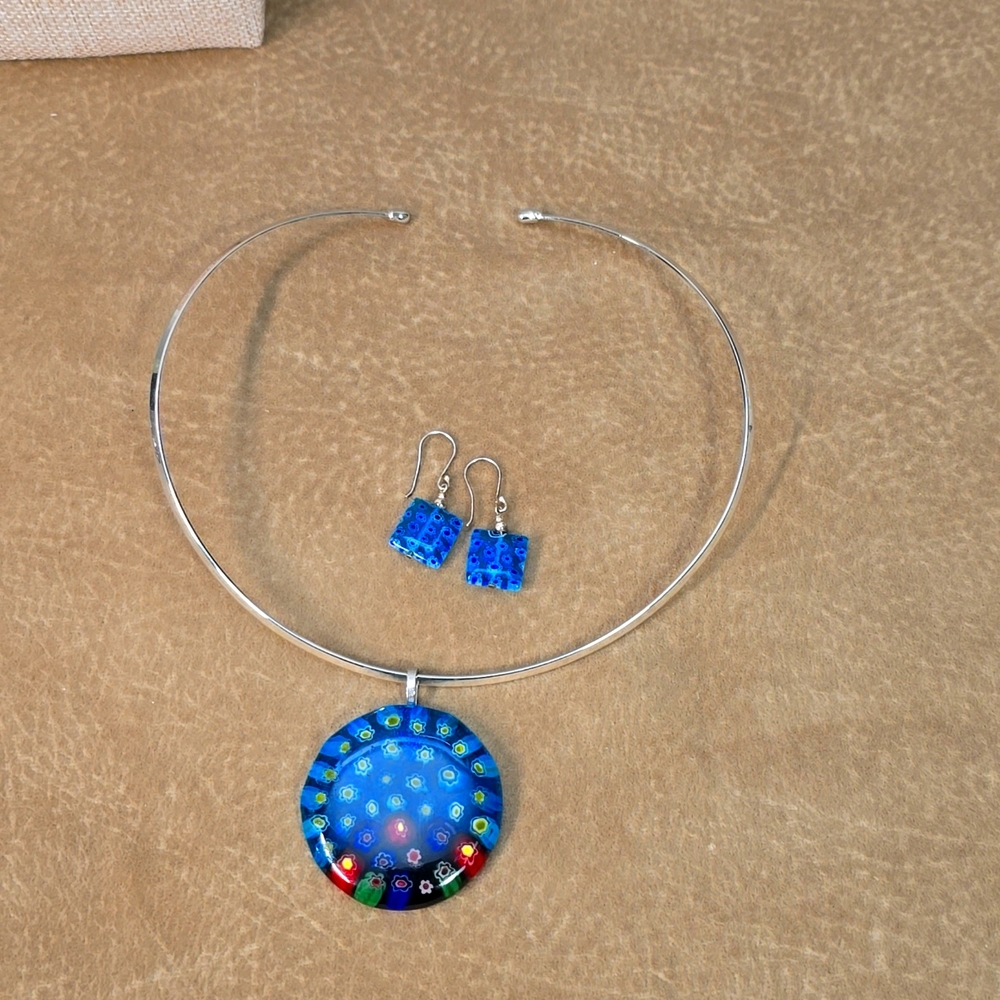 Flower Millefoiri Necklace  and Earrings